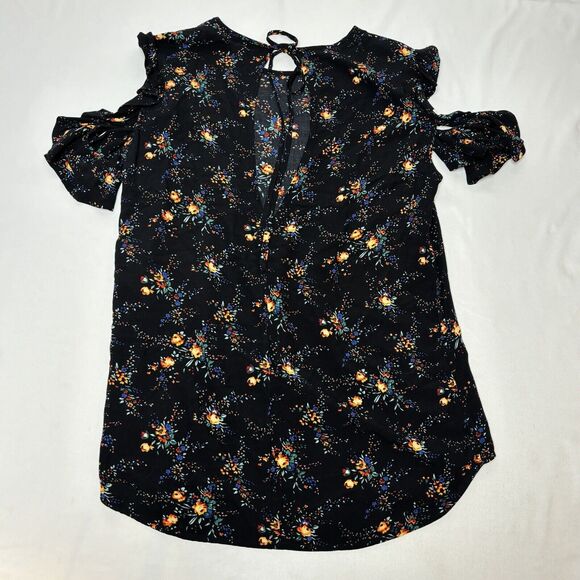 Sandro Paris Cold Shoulder Top Women 1 Small Black Floral Keyhole High Low - Picture 5 of 12